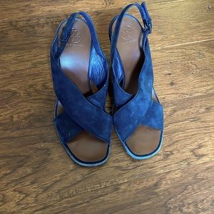 Tory Burch Navy Blue Suede Gabriella Slingback Wedge Sandals